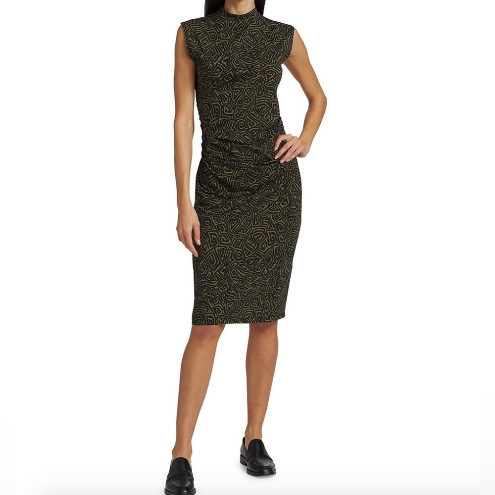 Proenza Schouler Green Black Abstract Stretch Bodycon Dress Mock Neck Size M - Picture 2 of 14